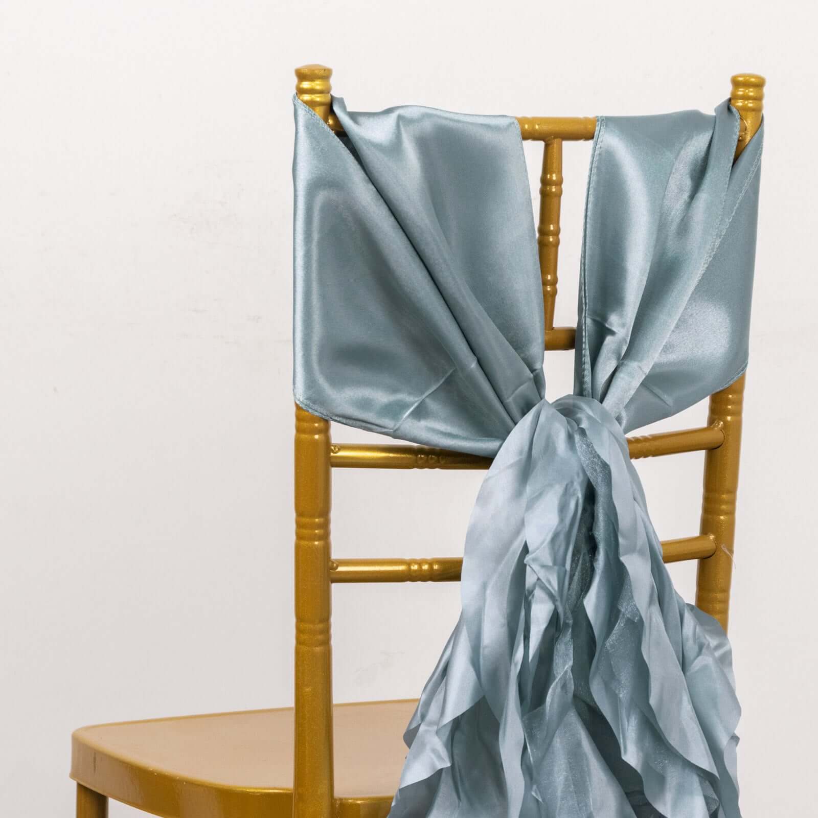 5 Pack Chiffon Satin Chair Sashes Dusty Blue - Easy to Install Ruffled Curly Willow - Bell Racket Store