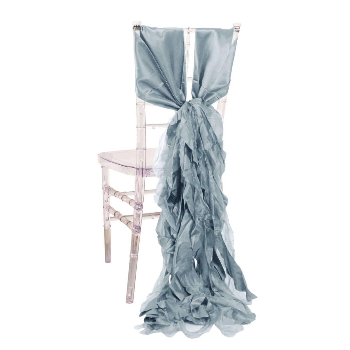 5 Pack Chiffon Satin Chair Sashes Dusty Blue - Easy to Install Ruffled Curly Willow - Bell Racket Store