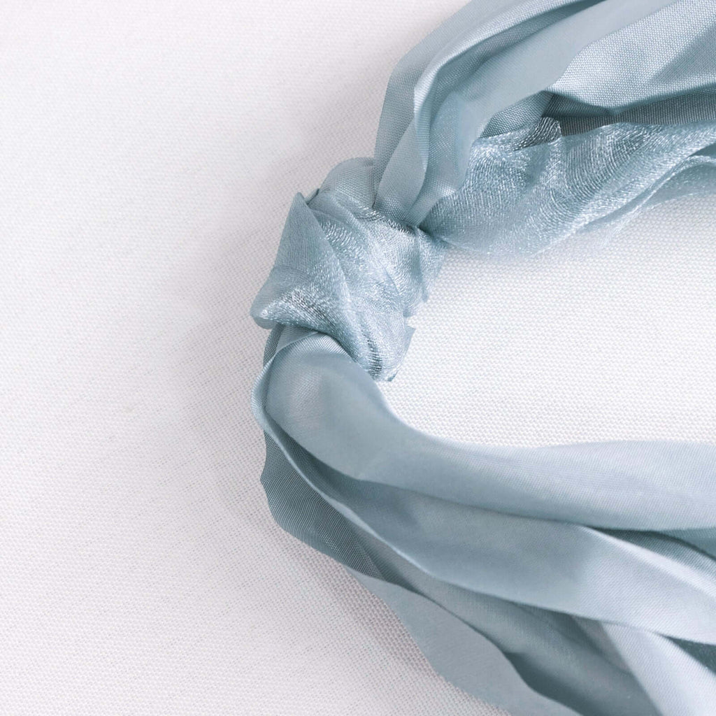 5 Pack Chiffon Satin Chair Sashes Dusty Blue - Easy to Install Ruffled Curly Willow - Bell Racket Store