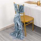 5 Pack Chiffon Satin Chair Sashes Dusty Blue - Easy to Install Ruffled Curly Willow - Bell Racket Store