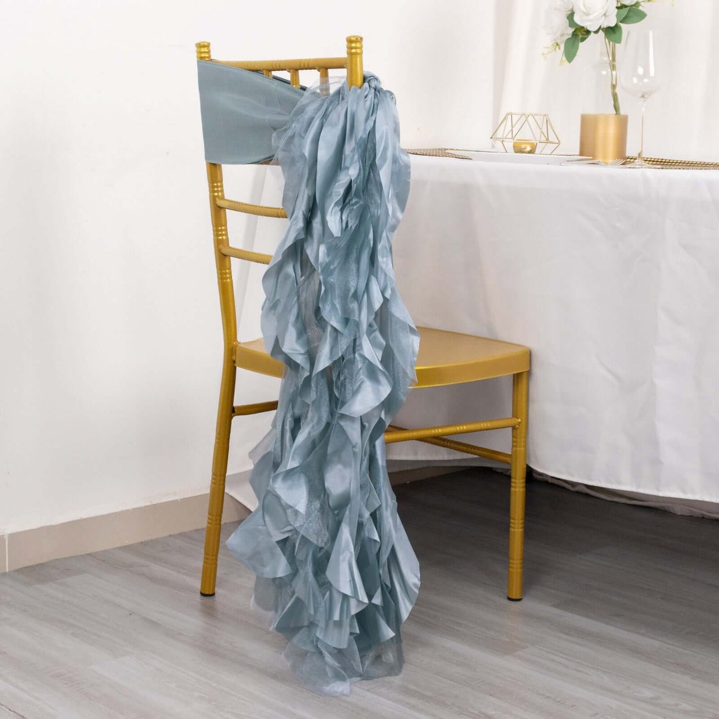 5 Pack Chiffon Satin Chair Sashes Dusty Blue - Easy to Install Ruffled Curly Willow - Bell Racket Store