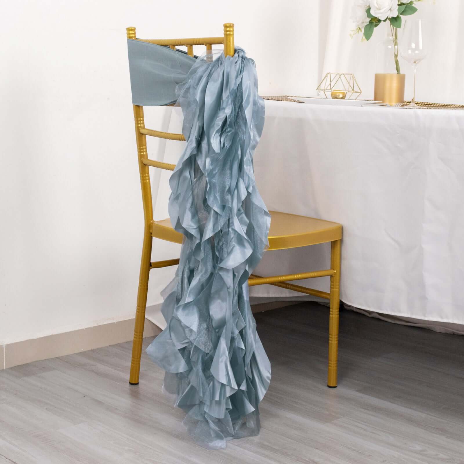 5 Pack Chiffon Satin Chair Sashes Dusty Blue - Easy to Install Ruffled Curly Willow - Bell Racket Store