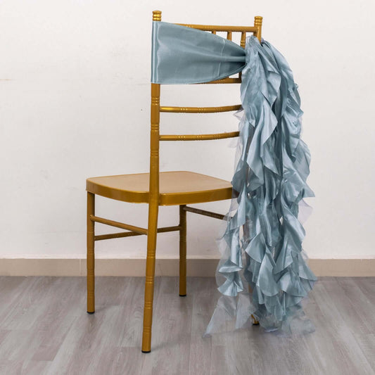 5 Pack Chiffon Satin Chair Sashes Dusty Blue - Easy to Install Ruffled Curly Willow - Bell Racket Store