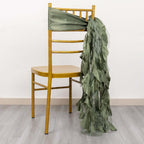 5 Pack Chiffon Satin Chair Sashes Dusty Sage Green - Easy to Install Ruffled Curly Willow - Bell Racket Store