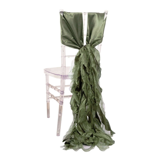 5 Pack Chiffon Satin Chair Sashes Dusty Sage Green - Easy to Install Ruffled Curly Willow - Bell Racket Store