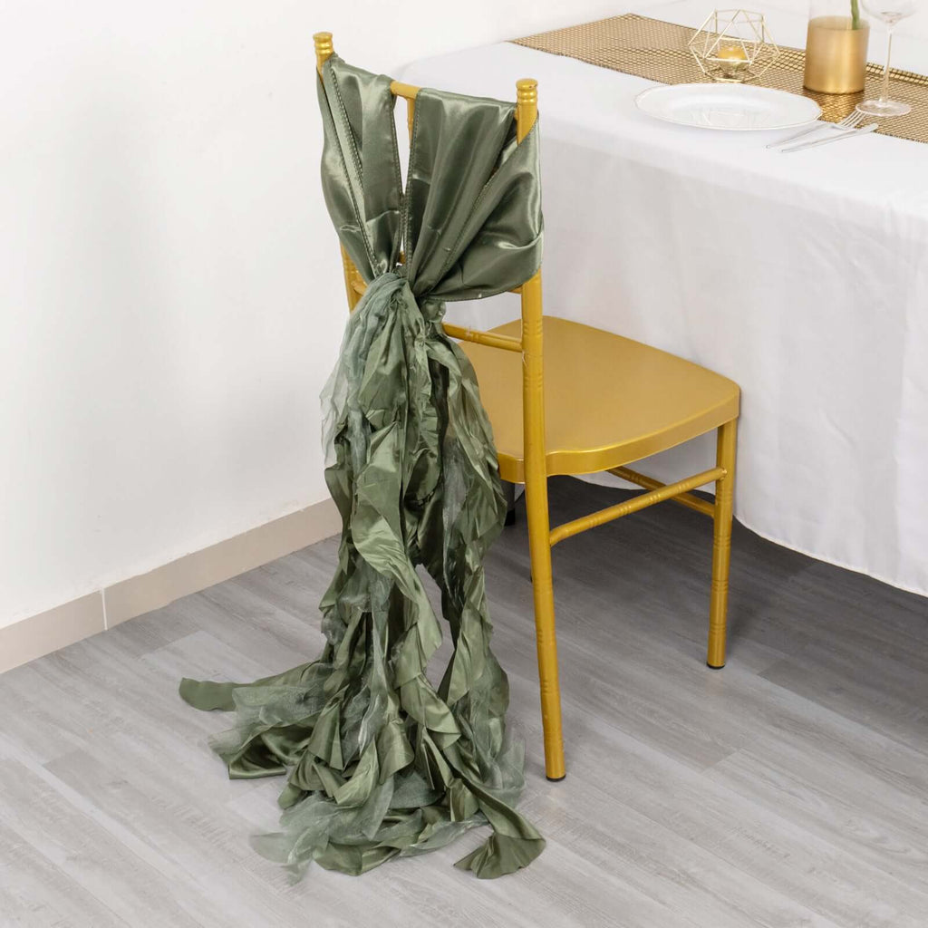 5 Pack Chiffon Satin Chair Sashes Dusty Sage Green - Easy to Install Ruffled Curly Willow - Bell Racket Store