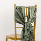 5 Pack Chiffon Satin Chair Sashes Dusty Sage Green - Easy to Install Ruffled Curly Willow - Bell Racket Store
