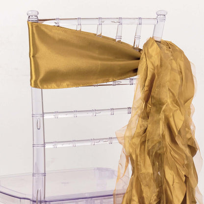 5 Pack Chiffon Satin Chair Sashes Gold - Easy to Install Lustrous Ruffled Curly Willow Wedding Chair Decorations - Bell Racket Store