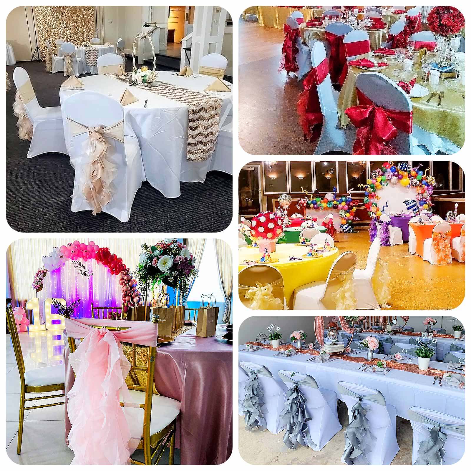 5 Pack Chiffon Satin Chair Sashes Gold - Easy to Install Lustrous Ruffled Curly Willow Wedding Chair Decorations - Bell Racket Store