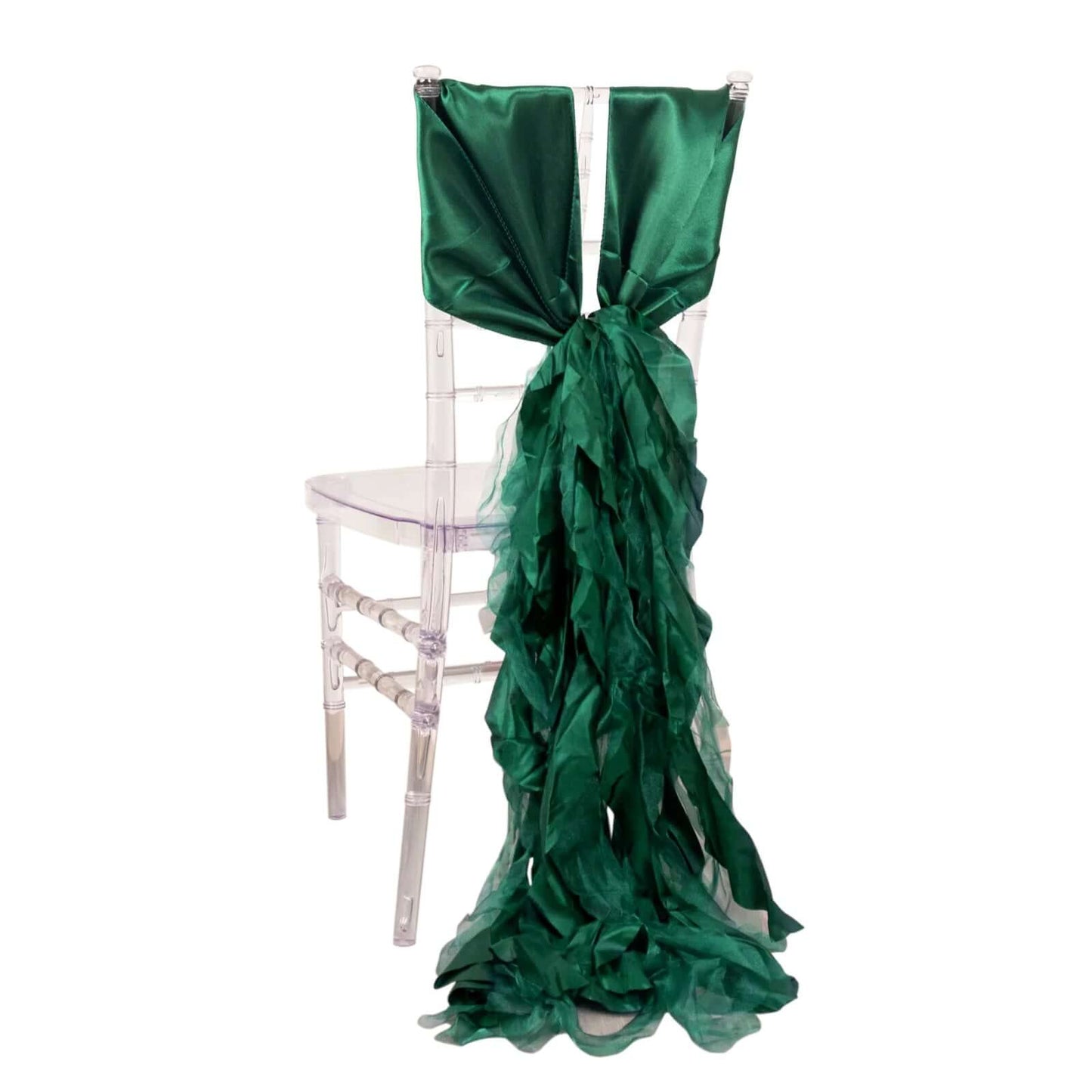 5 Pack Chiffon Satin Chair Sashes Hunter Emerald Green - Easy to Install Ruffled Curly Willow - Bell Racket Store