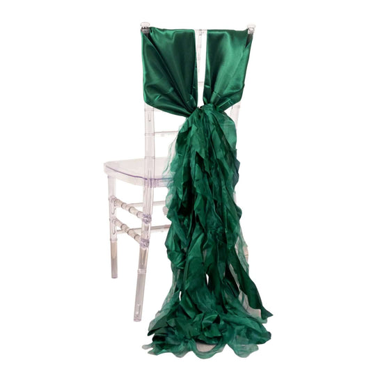 5 Pack Chiffon Satin Chair Sashes Hunter Emerald Green - Easy to Install Ruffled Curly Willow - Bell Racket Store