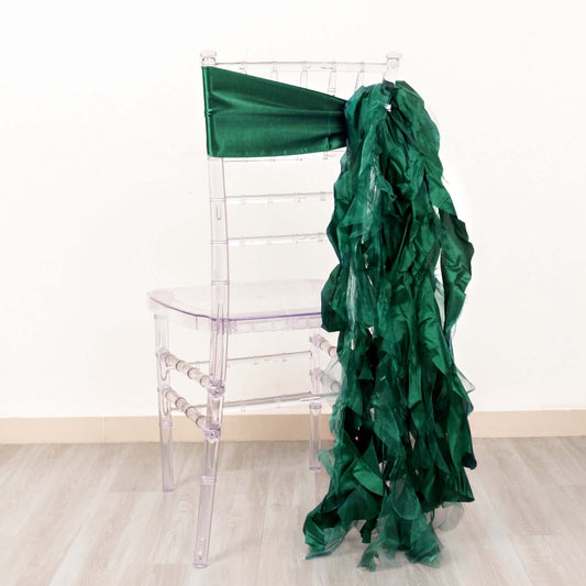 5 Pack Chiffon Satin Chair Sashes Hunter Emerald Green - Easy to Install Ruffled Curly Willow - Bell Racket Store