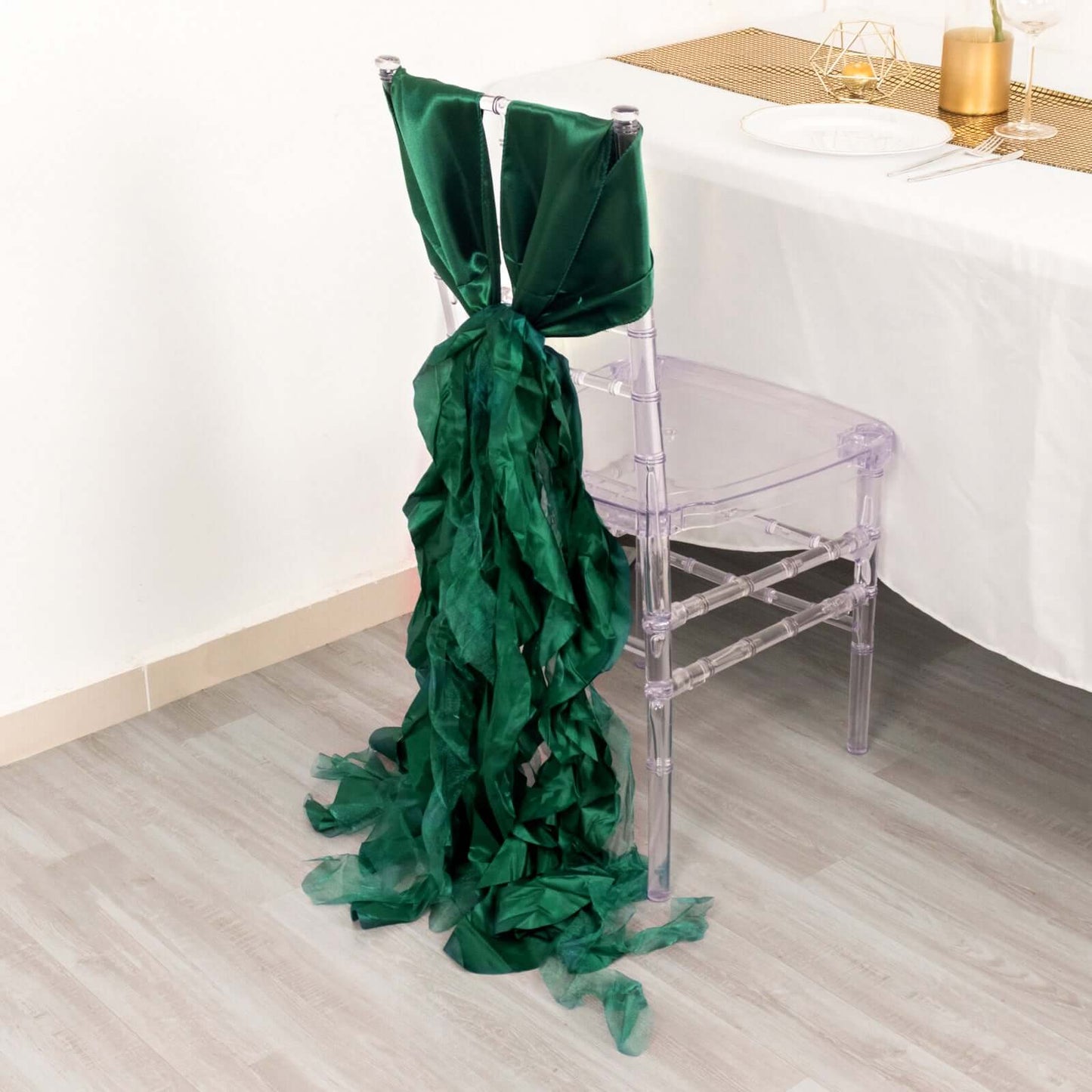 5 Pack Chiffon Satin Chair Sashes Hunter Emerald Green - Easy to Install Ruffled Curly Willow - Bell Racket Store