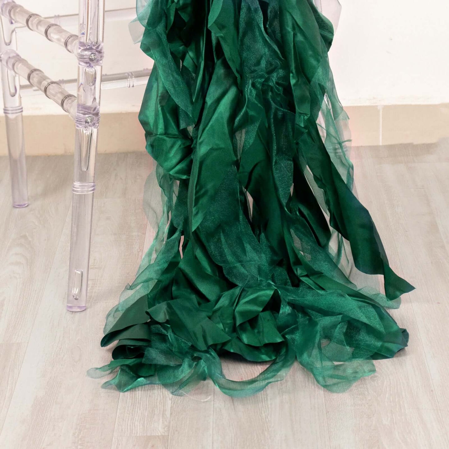 5 Pack Chiffon Satin Chair Sashes Hunter Emerald Green - Easy to Install Ruffled Curly Willow - Bell Racket Store
