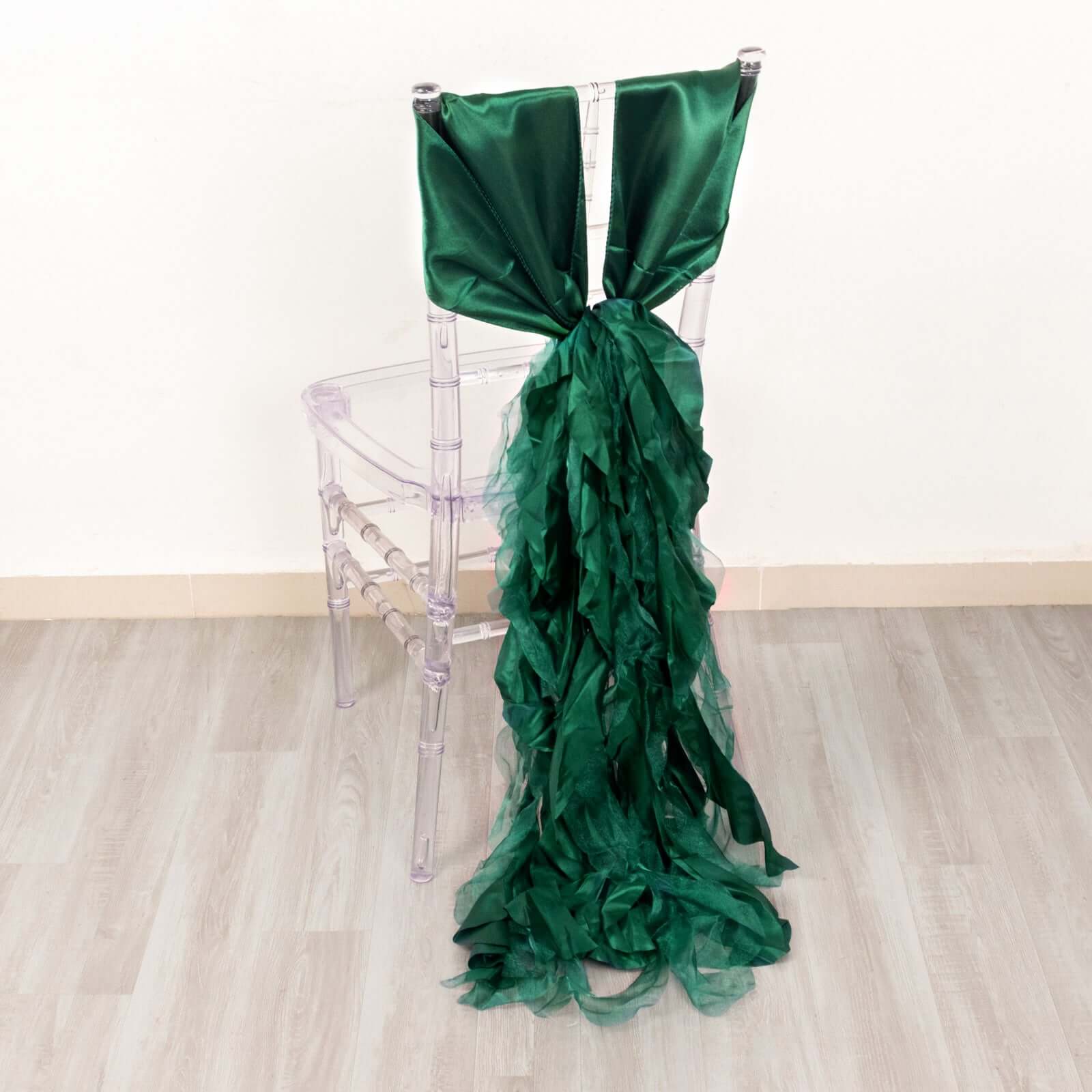 5 Pack Chiffon Satin Chair Sashes Hunter Emerald Green - Easy to Install Ruffled Curly Willow - Bell Racket Store