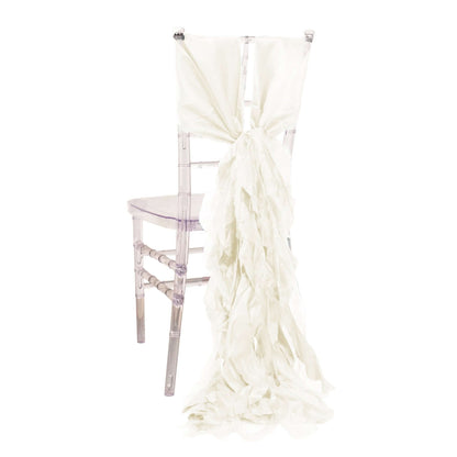 5 Pack Chiffon Satin Chair Sashes Ivory - Easy to Install Ruffled Curly Willow - Bell Racket Store
