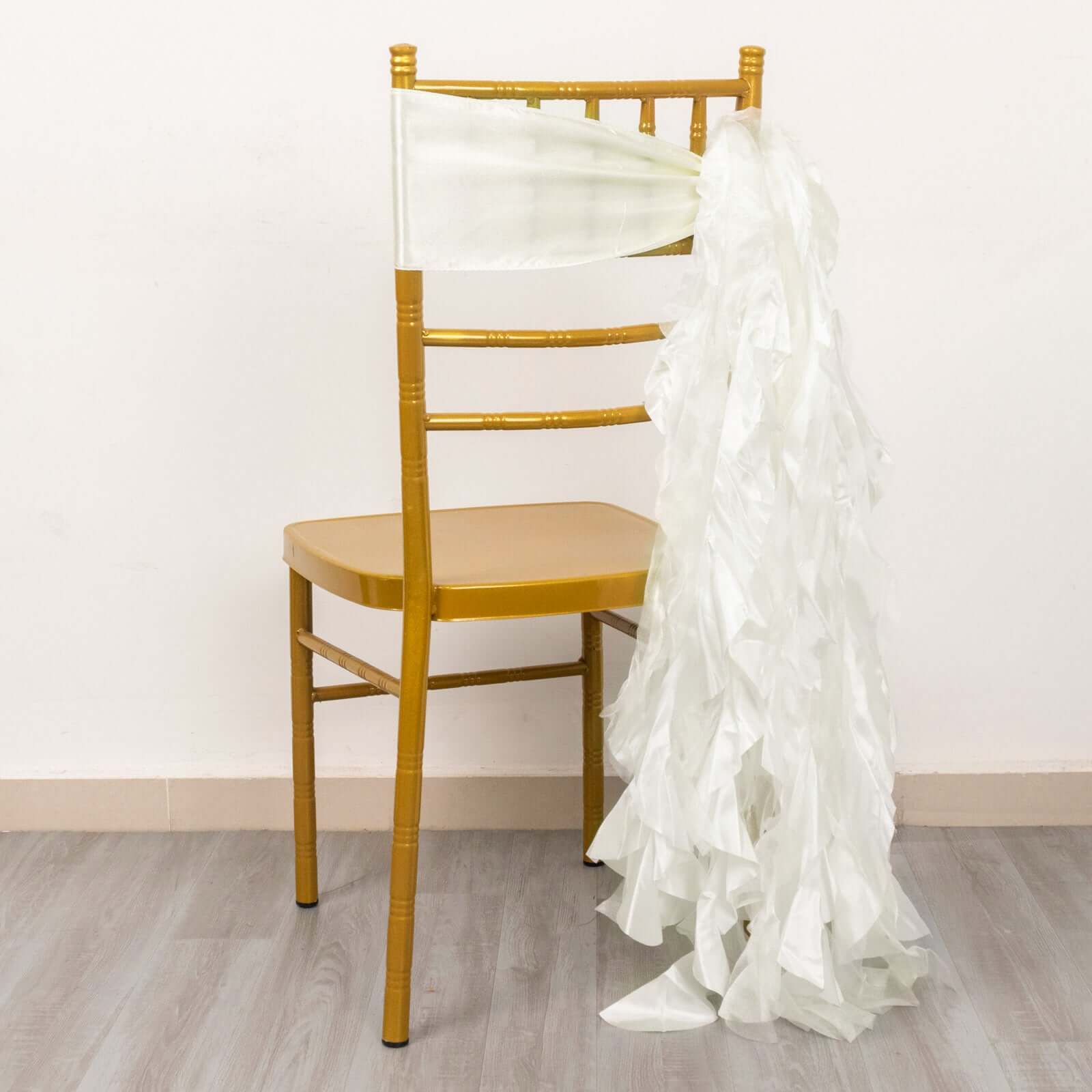 5 Pack Chiffon Satin Chair Sashes Ivory - Easy to Install Ruffled Curly Willow - Bell Racket Store