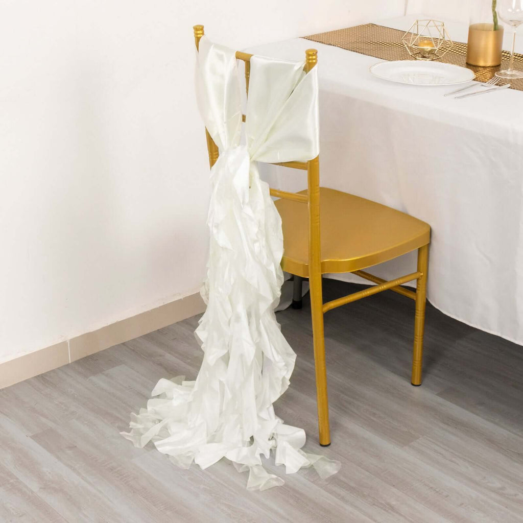 5 Pack Chiffon Satin Chair Sashes Ivory - Easy to Install Ruffled Curly Willow - Bell Racket Store