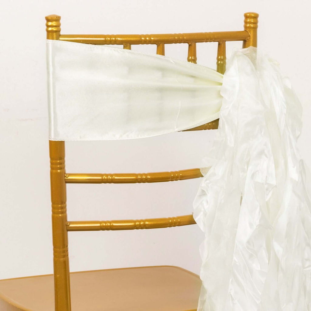 5 Pack Chiffon Satin Chair Sashes Ivory - Easy to Install Ruffled Curly Willow - Bell Racket Store