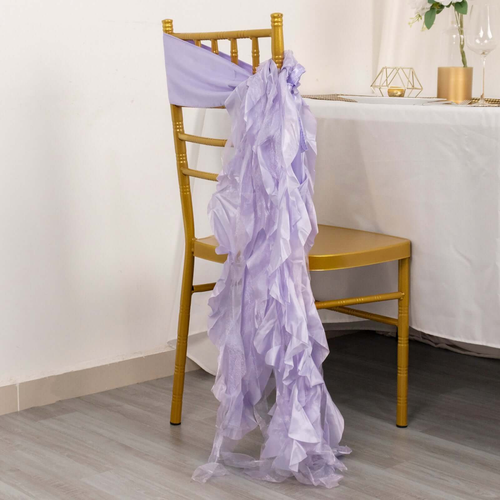 5 Pack Chiffon Satin Chair Sashes Lavender Lilac - Easy to Install Ruffled Curly Willow - Bell Racket Store