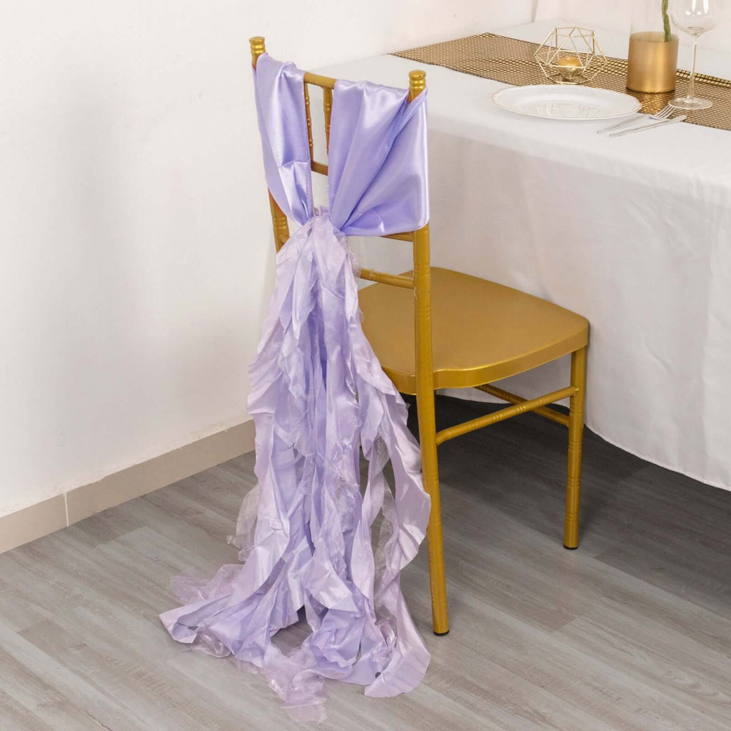 5 Pack Chiffon Satin Chair Sashes Lavender Lilac - Easy to Install Ruffled Curly Willow - Bell Racket Store