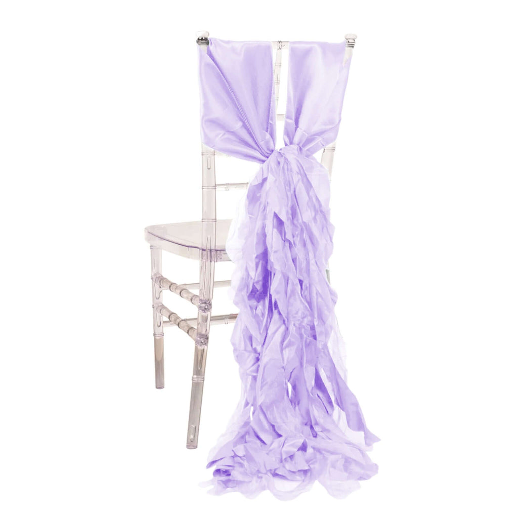 5 Pack Chiffon Satin Chair Sashes Lavender Lilac - Easy to Install Ruffled Curly Willow - Bell Racket Store