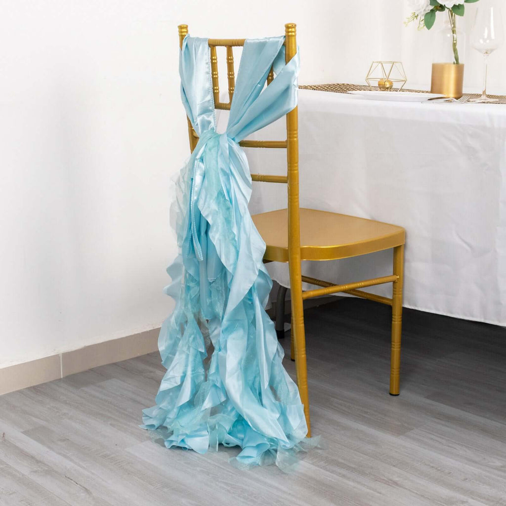 5 Pack Chiffon Satin Chair Sashes Light Blue - Easy to Install Ruffled Curly Willow - Bell Racket Store