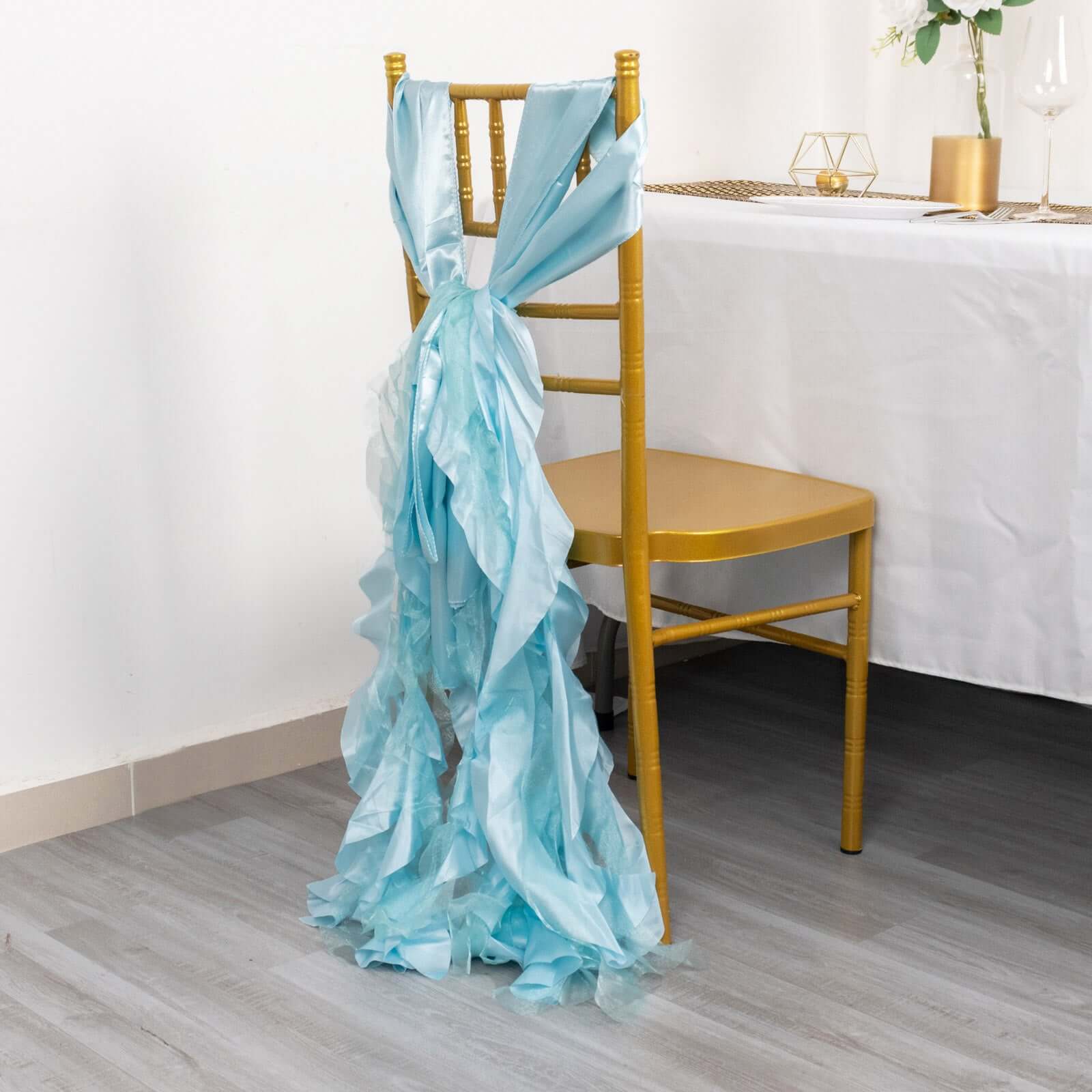 5 Pack Chiffon Satin Chair Sashes Light Blue - Easy to Install Ruffled Curly Willow - Bell Racket Store