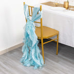 5 Pack Chiffon Satin Chair Sashes Light Blue - Easy to Install Ruffled Curly Willow - Bell Racket Store