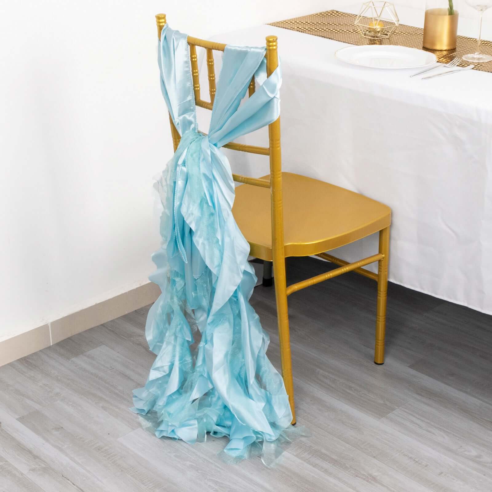 5 Pack Chiffon Satin Chair Sashes Light Blue - Easy to Install Ruffled Curly Willow - Bell Racket Store