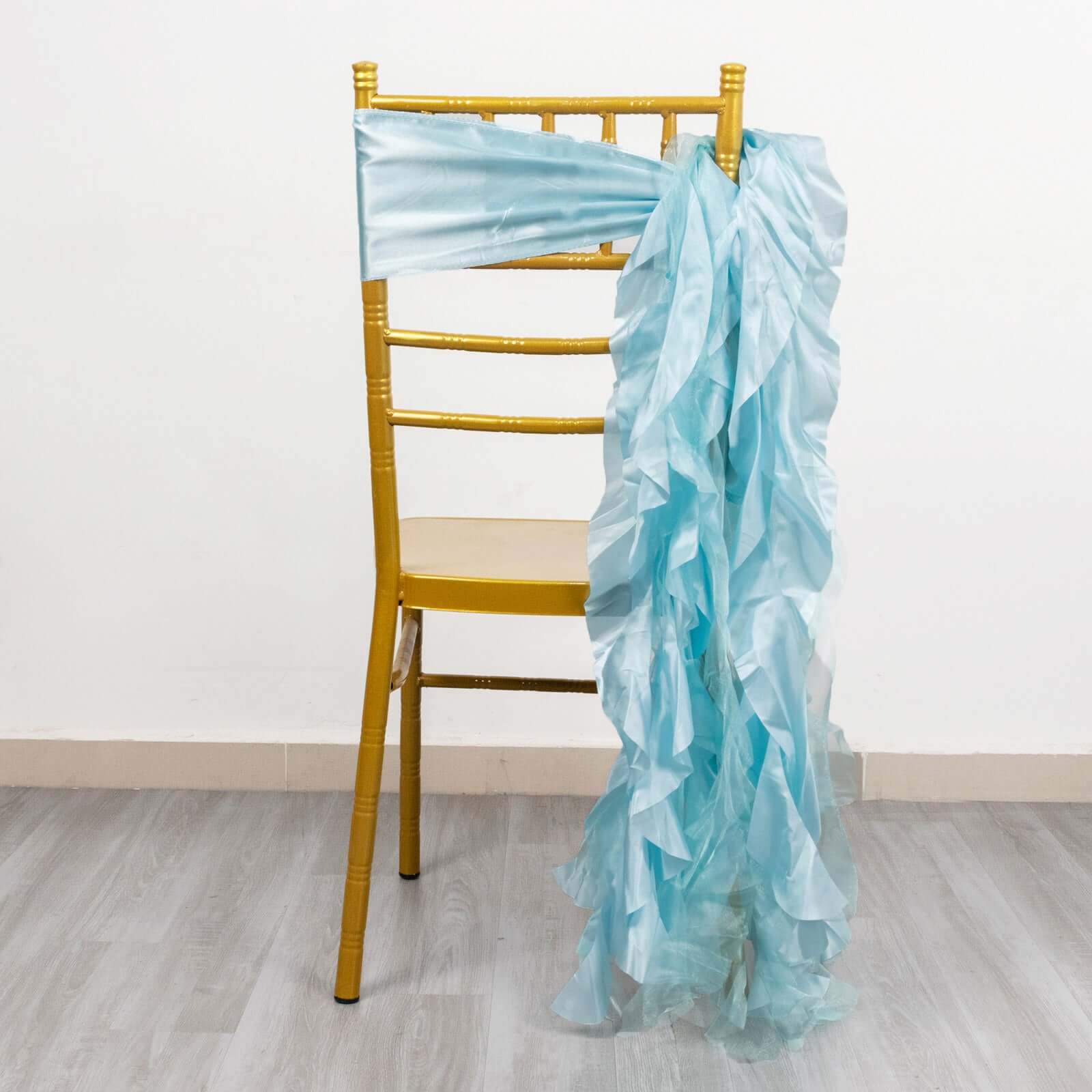 5 Pack Chiffon Satin Chair Sashes Light Blue - Easy to Install Ruffled Curly Willow - Bell Racket Store
