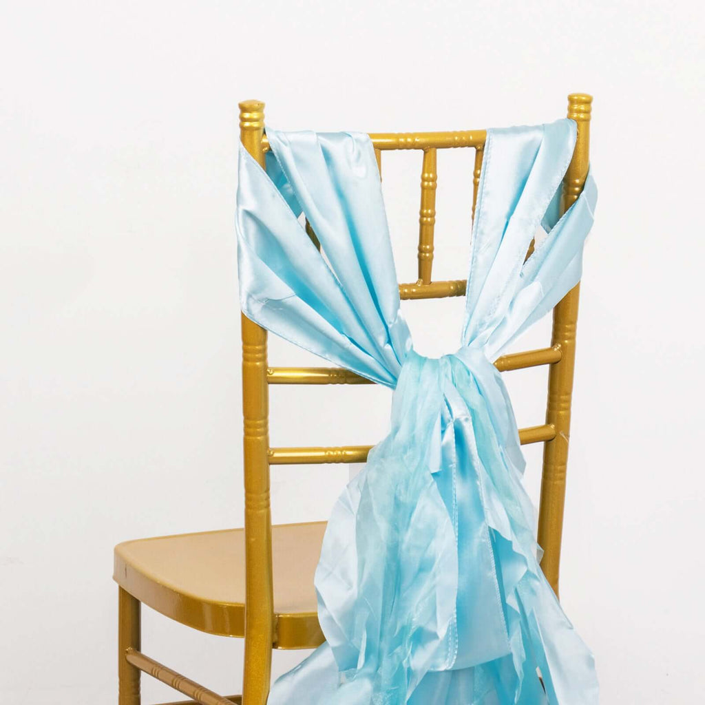 5 Pack Chiffon Satin Chair Sashes Light Blue - Easy to Install Ruffled Curly Willow - Bell Racket Store