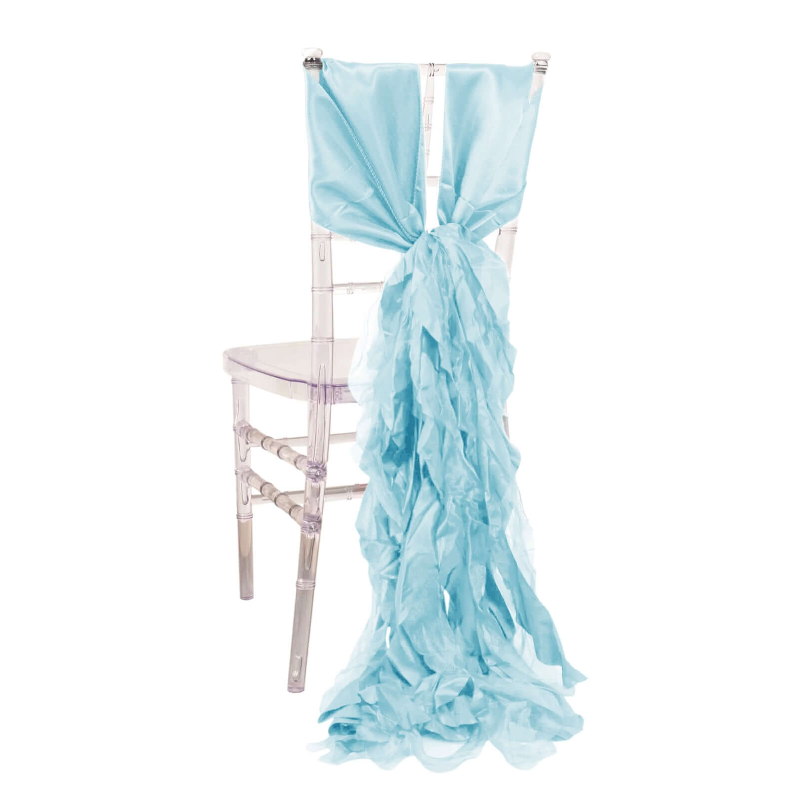 5 Pack Chiffon Satin Chair Sashes Light Blue - Easy to Install Ruffled Curly Willow - Bell Racket Store