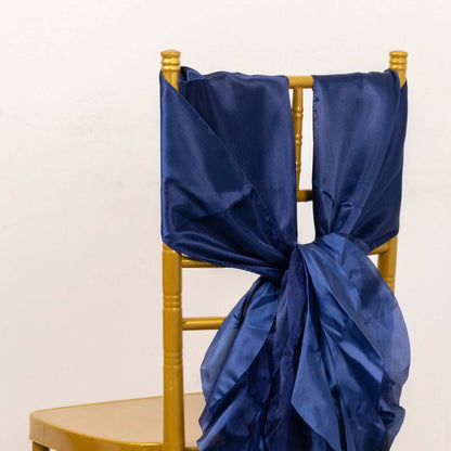 5 Pack Chiffon Satin Chair Sashes Navy Blue - Easy to Install Ruffled Curly Willow - Bell Racket Store