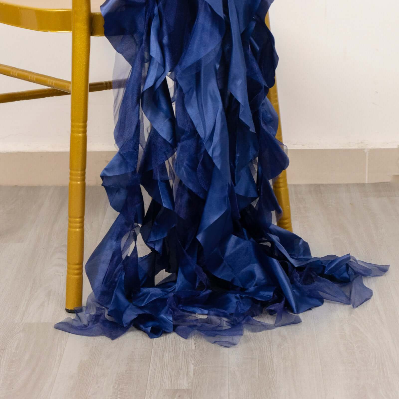 5 Pack Chiffon Satin Chair Sashes Navy Blue - Easy to Install Ruffled Curly Willow - Bell Racket Store