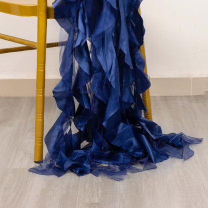5 Pack Chiffon Satin Chair Sashes Navy Blue - Easy to Install Ruffled Curly Willow - Bell Racket Store