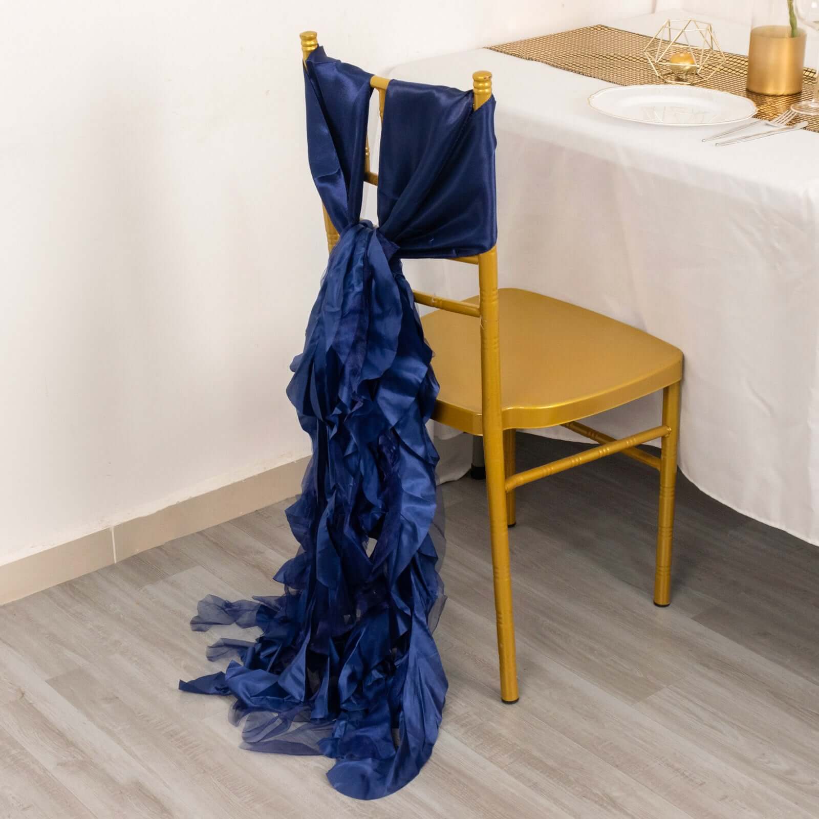 5 Pack Chiffon Satin Chair Sashes Navy Blue - Easy to Install Ruffled Curly Willow - Bell Racket Store