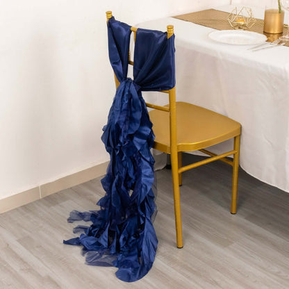5 Pack Chiffon Satin Chair Sashes Navy Blue - Easy to Install Ruffled Curly Willow - Bell Racket Store