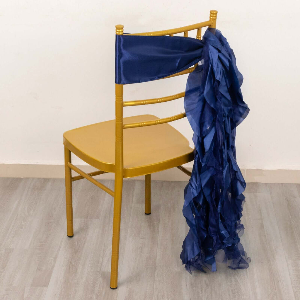 5 Pack Chiffon Satin Chair Sashes Navy Blue - Easy to Install Ruffled Curly Willow - Bell Racket Store
