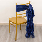 5 Pack Chiffon Satin Chair Sashes Navy Blue - Easy to Install Ruffled Curly Willow - Bell Racket Store