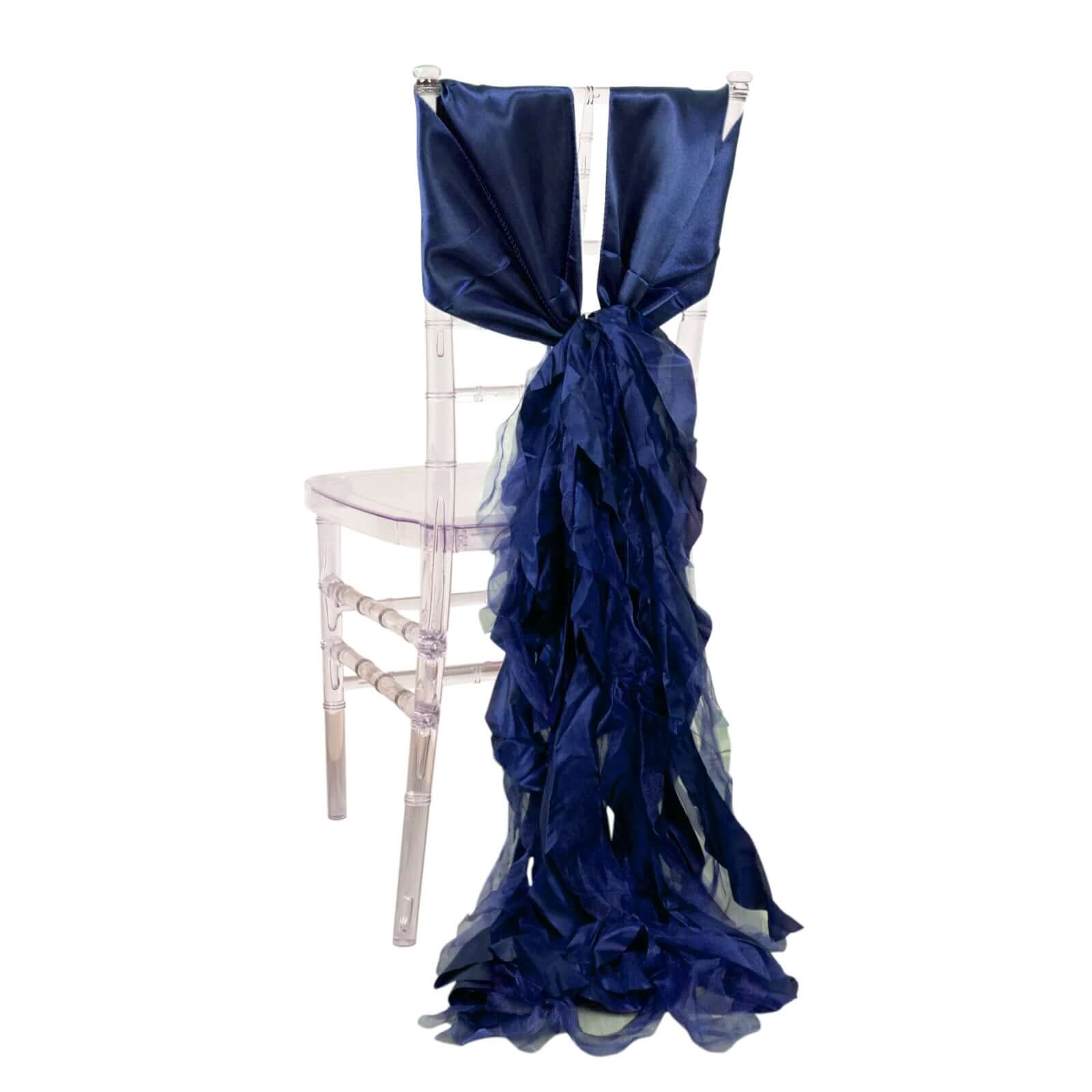 5 Pack Chiffon Satin Chair Sashes Navy Blue - Easy to Install Ruffled Curly Willow - Bell Racket Store
