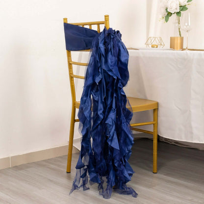 5 Pack Chiffon Satin Chair Sashes Navy Blue - Easy to Install Ruffled Curly Willow - Bell Racket Store