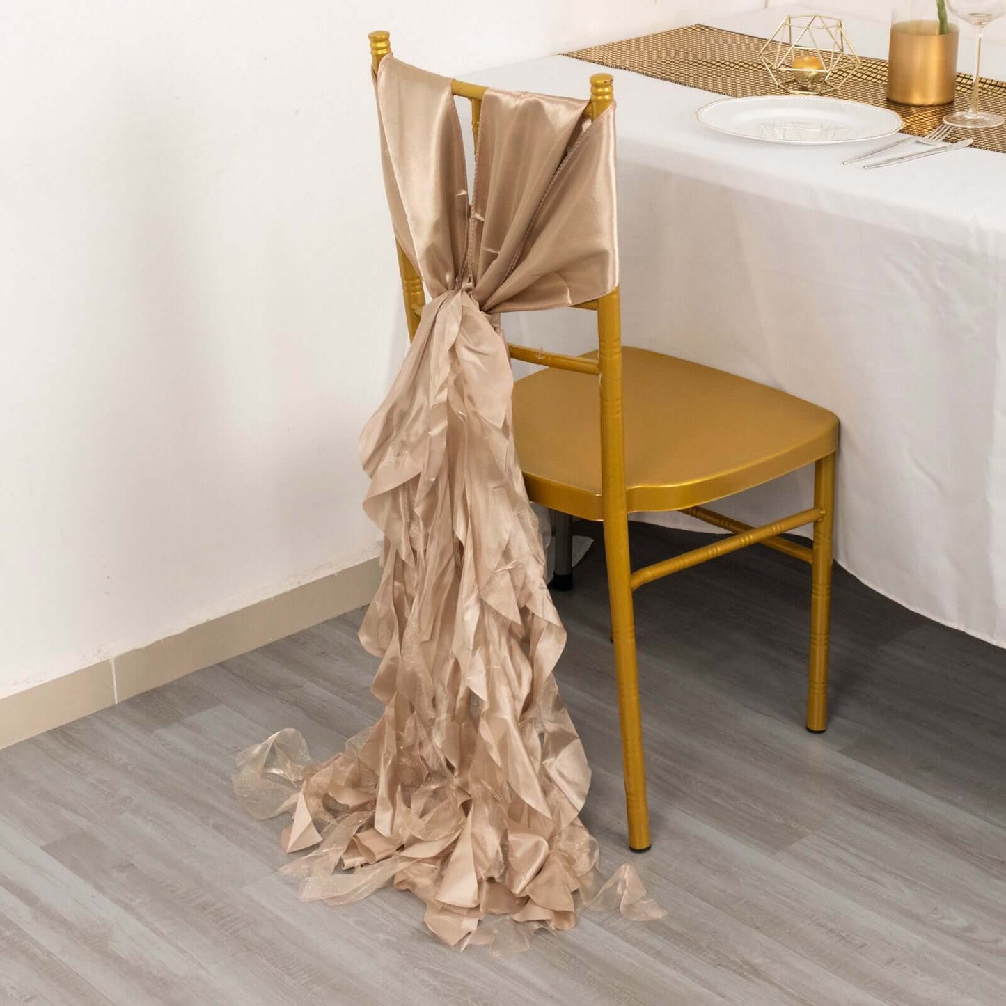 5 Pack Chiffon Satin Chair Sashes Nude - Easy to Install Ruffled Curly Willow - Bell Racket Store