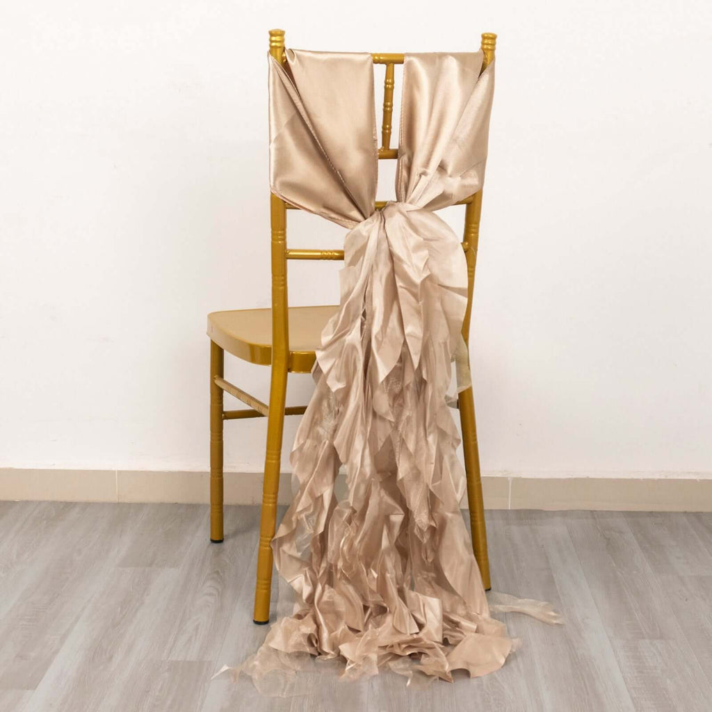 5 Pack Chiffon Satin Chair Sashes Nude - Easy to Install Ruffled Curly Willow - Bell Racket Store
