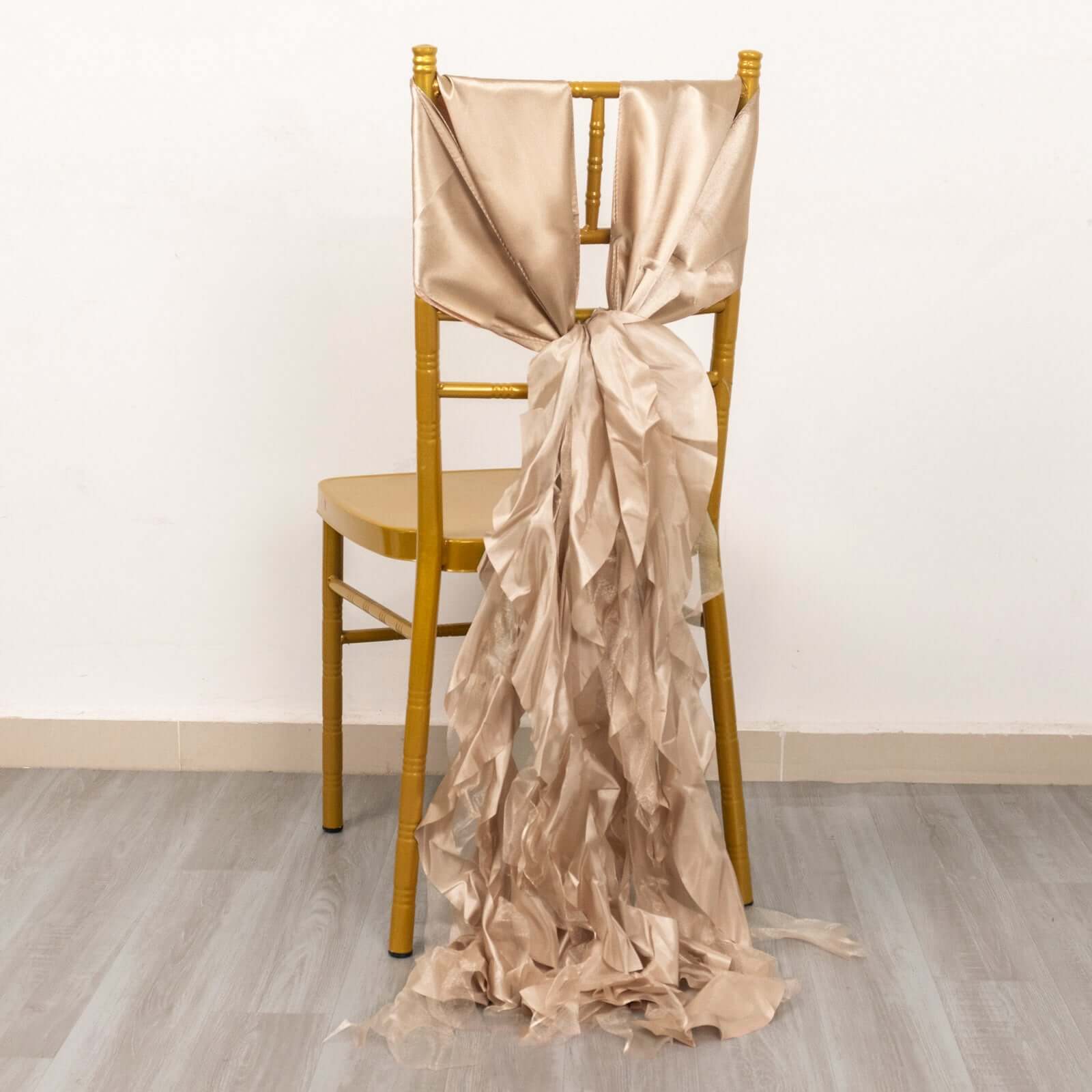 5 Pack Chiffon Satin Chair Sashes Nude - Easy to Install Ruffled Curly Willow - Bell Racket Store