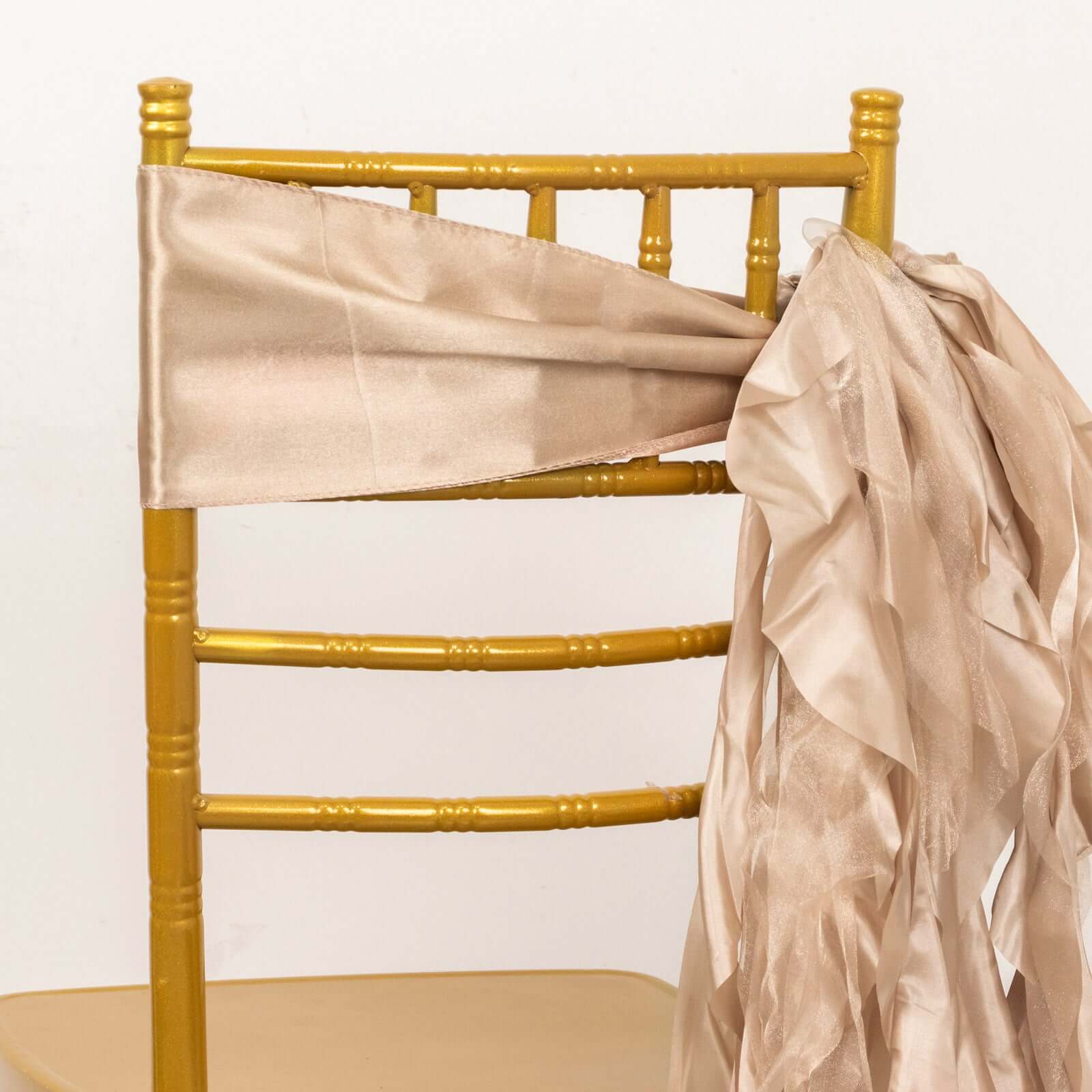 5 Pack Chiffon Satin Chair Sashes Nude - Easy to Install Ruffled Curly Willow - Bell Racket Store