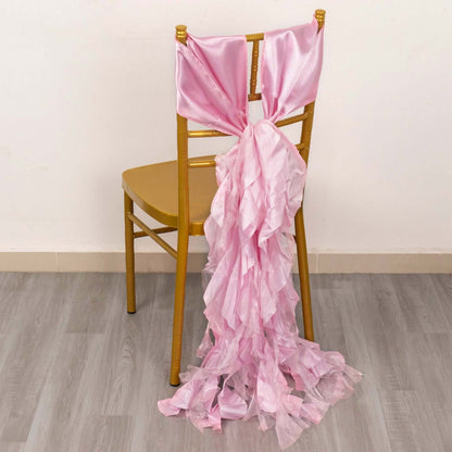 5 Pack Chiffon Satin Chair Sashes Pink - Easy to Install Ruffled Curly Willow - Bell Racket Store