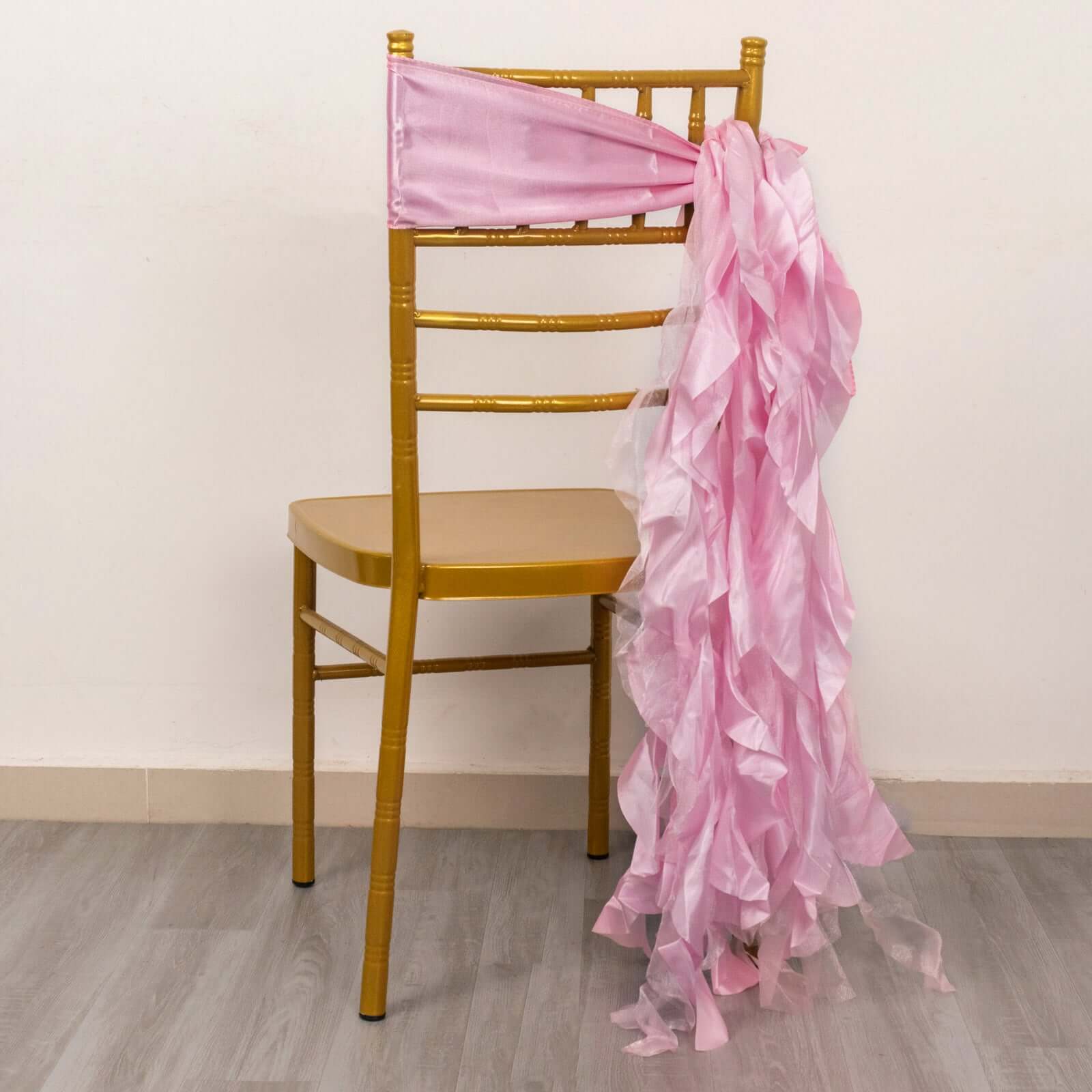5 Pack Chiffon Satin Chair Sashes Pink - Easy to Install Ruffled Curly Willow - Bell Racket Store