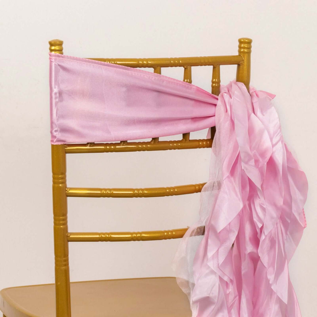 5 Pack Chiffon Satin Chair Sashes Pink - Easy to Install Ruffled Curly Willow - Bell Racket Store