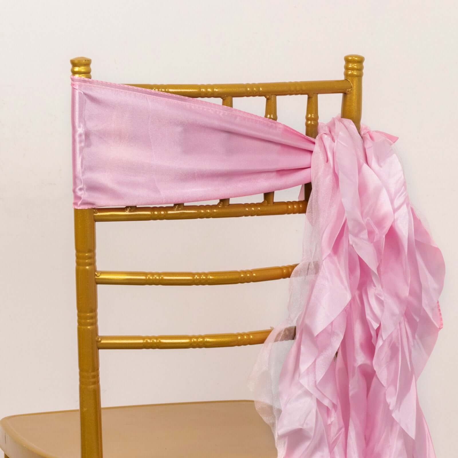 5 Pack Chiffon Satin Chair Sashes Pink - Easy to Install Ruffled Curly Willow - Bell Racket Store